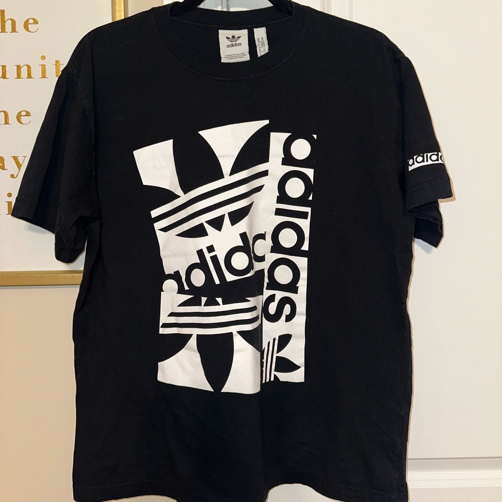 Adidas Men's Black & White Graphic Layered Logo T-Shirt Short Sleeve Size M